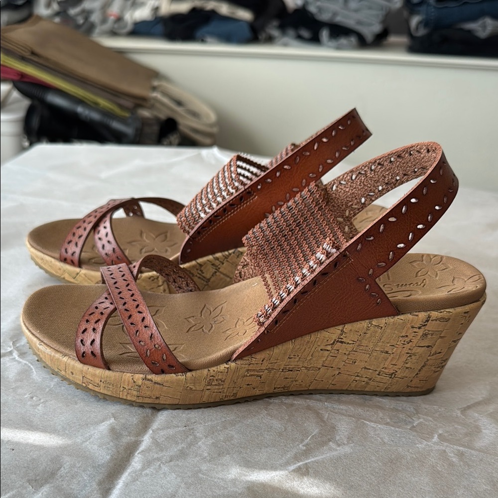 Skechers Brown Wedge Sandals with Cork Heel